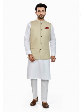 White Color Linen Kurta With Beige Jacket