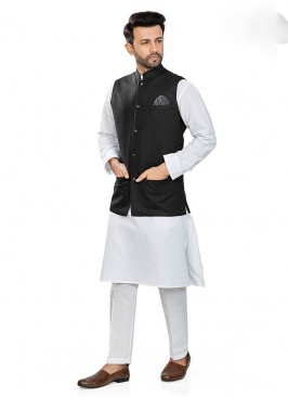 White Color Linen Kurta With Black Jacket