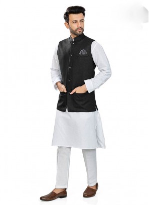 White Color Linen Kurta With Black Jacket