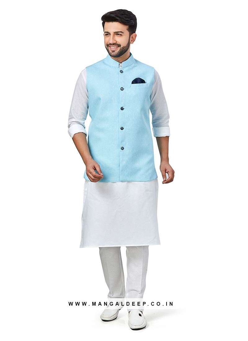 White Color Linen Kurta With Blue Jacket