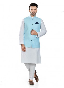 White Color Linen Kurta With Blue Jacket