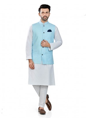 White Color Linen Kurta With Blue Jacket