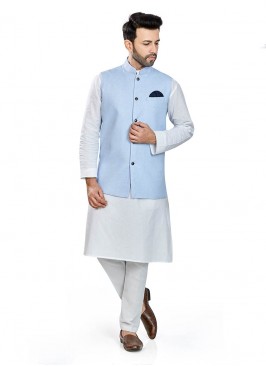 White Color Linen Kurta With Blue Jacket