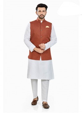 White Color Linen Kurta With Brown Jacket