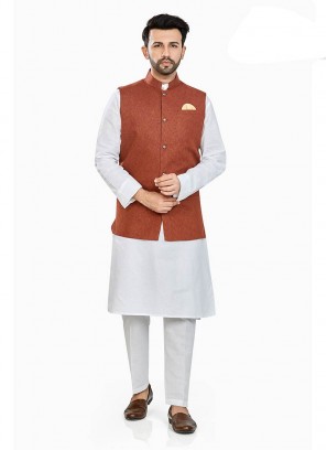 White Color Linen Kurta With Brown Jacket