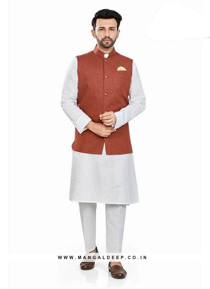 White Color Linen Kurta With Brown Jacket