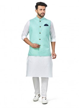 White Color Linen Kurta With Green Jacket