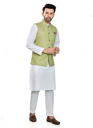 White Color Linen Kurta With Green Jacket