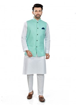 White Color Linen Kurta With Green Jacket