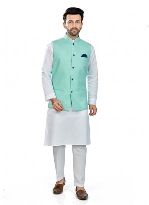 White Color Linen Kurta With Green Jacket