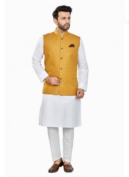 White Color Linen Kurta With  Mustard Jacket
