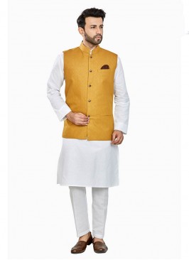 White Color Linen Kurta With  Mustard Jacket