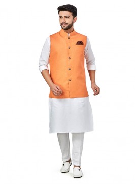 White Color Linen Kurta With Orange Jacket