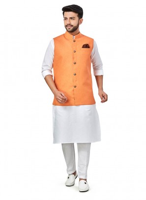 White Color Linen Kurta With Orange Jacket