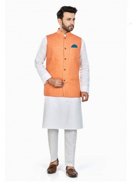 White Color Linen Kurta With Orange Jacket