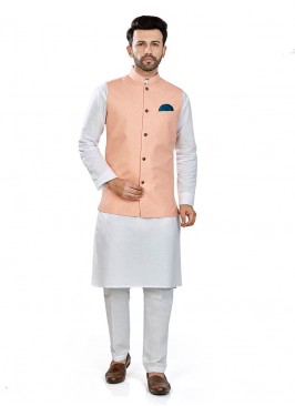 White Color Linen Kurta With Pink Jacket