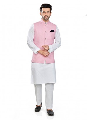 White Color Linen Kurta With Pink Jacket