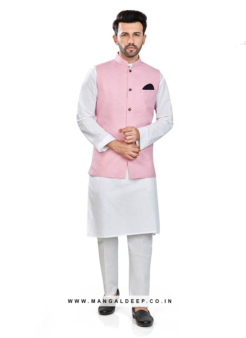 White Color Linen Kurta With Pink Jacket