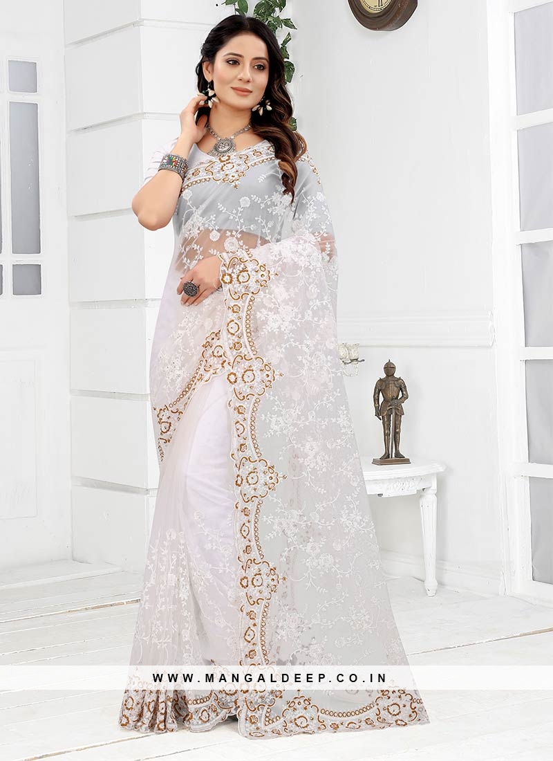 White Color Net Embroidered Saree