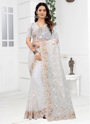 White Color Net Embroidered Saree