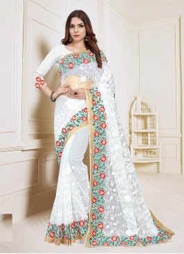 White Color Net Embroidered Saree