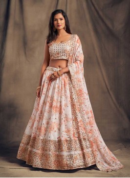 White Color Printed Party Wear Lehenga