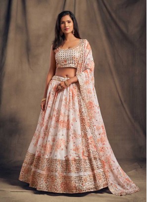 White Color Printed Party Wear Lehenga