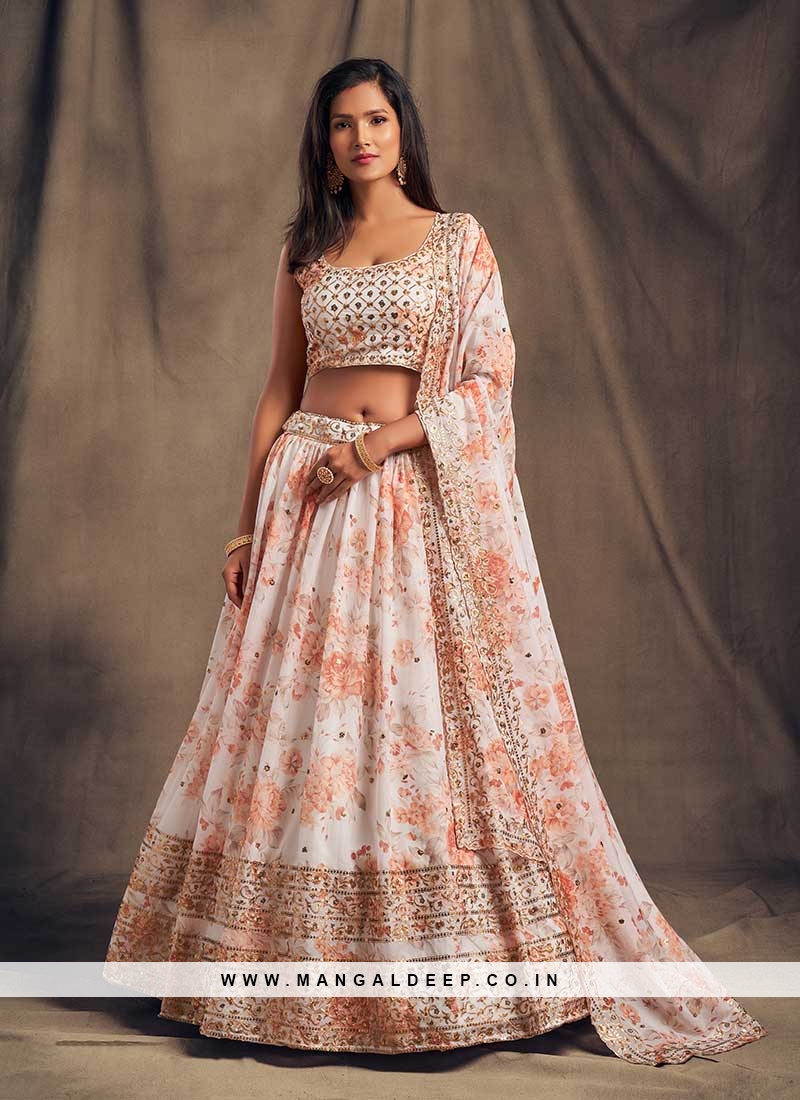 White Color Printed Party Wear Lehenga