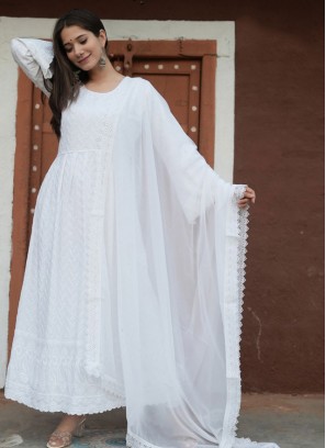 White Color Rayon Embroidered Readymade Suit