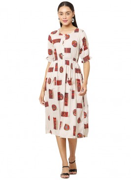 White Color Rayon Printed Casual Wear Kurti