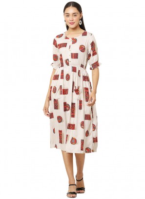 White Color Rayon Printed Casual Wear Kurti
