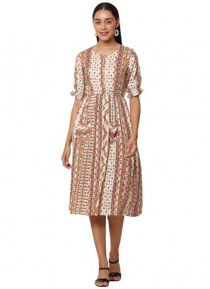 White Color Rayon Printed Casual Wear Kurti