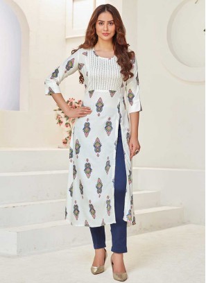 White Color Rayon Printed Front Cut Kurti