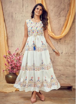 White Color Rayon Printed Kurti