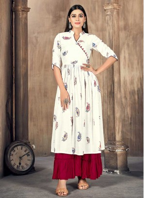 White Color Rayon Printed Kurti With Bottom