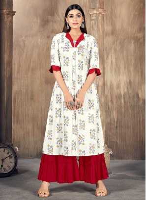 White Color Rayon Printed Kurti With Bottom