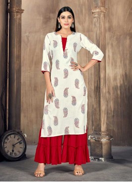 White Color Rayon Printed Kurti With Bottom