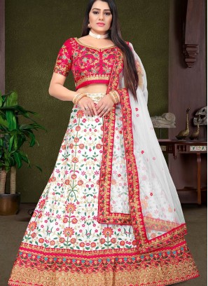 White Color Satin Silk Thread Work Lehenga