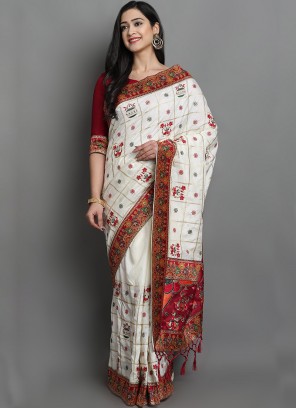 White Color Silk Embroidered Bridal Saree