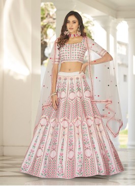 White Color Silk Thread Work Sangeet Wear Lehenga