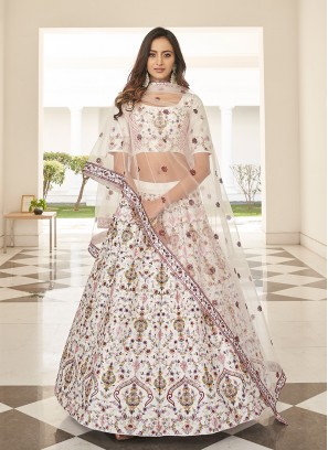 White Color Silk Thread Work Sangeet Wear Lehenga