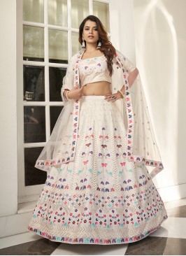 White Color Silk Thread Work Sangeet Wear Lehenga