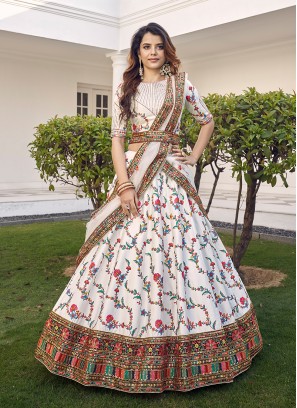 White Color Silk Thread Work Wedding Lehenga