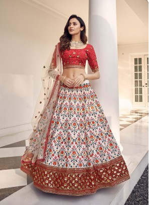 White Color Silk Thread Work Wedding Lehenga