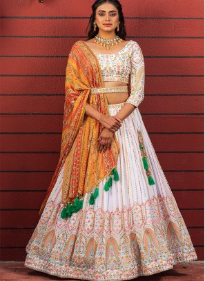 White Color Thread Work Georgette Lehenga