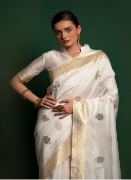 White Colour Heavy Weaving Silk Saree