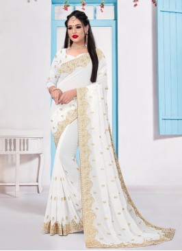 White Embroidered Festival Bollywood Saree