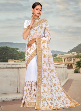 White Engagement Georgette Contemporary Style Sare
