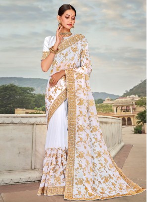 White Engagement Georgette Contemporary Style Saree