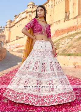 White Georgette Lehenga with Embroidery and Sequins work and Silk Blouse